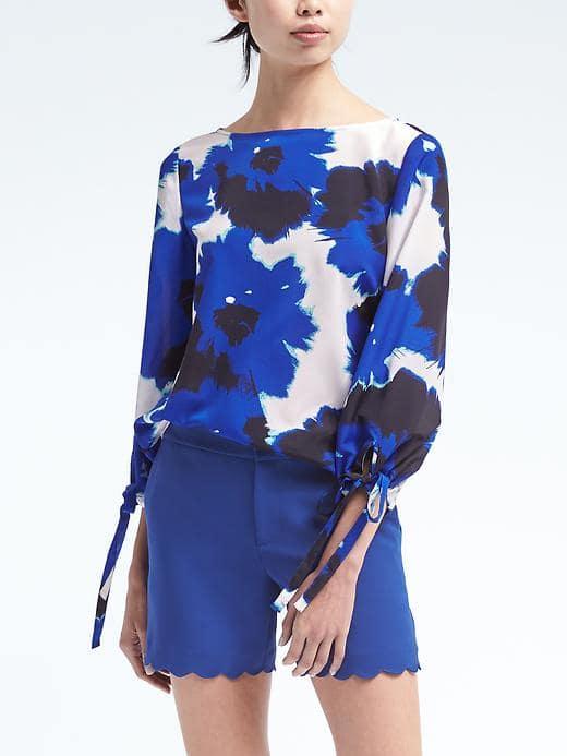 Banana Republic Womens Easy Care Floral Bow Sleeve Top - Blue Floral