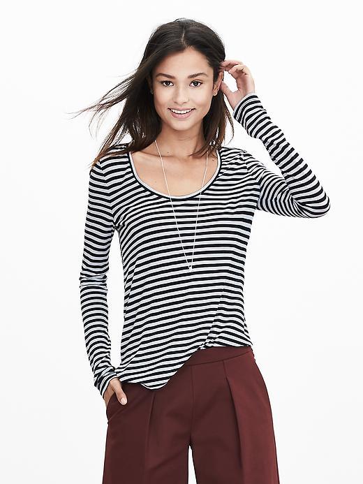Banana Republic Womens Micro Stripe Modal Scoop Neck Tee Size L - Black