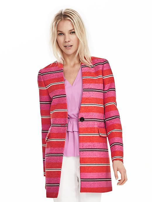 Banana Republic Stripe Collarless Coat Size L Petite - Pink Reef