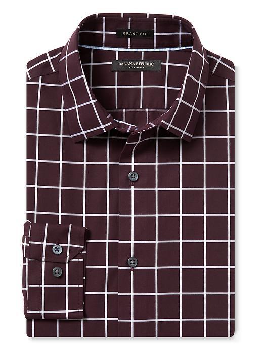 Banana Republic Mens Grant Fit Non Iron Windowpane Shirt - Burgundy