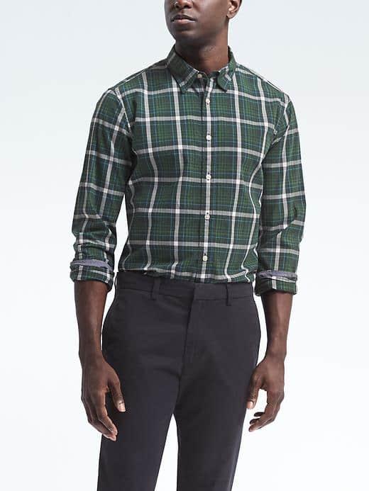 Banana Republic Mens Camden Fit Custom Wash Plaid Shirt - Forest