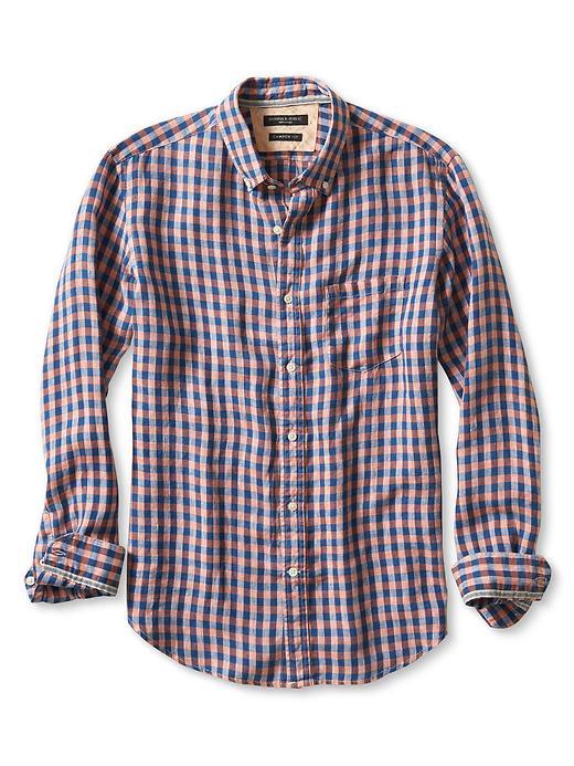 Banana Republic Mens Camden Fit Gingham Linen Shirt Size L Tall - Autumn Orange