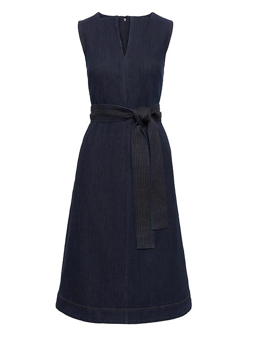 Banana Republic Womens Petite Notch-neck Denim Fit-and-flare Midi Dress Rinse Size 0