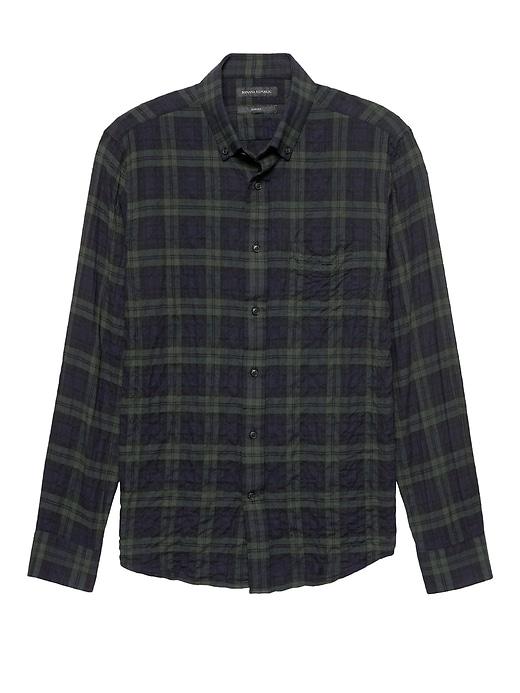 Banana Republic Mens New Slim-fit Crinkle Cotton Flannel Shirt Green & Navy Blue Size Xxl