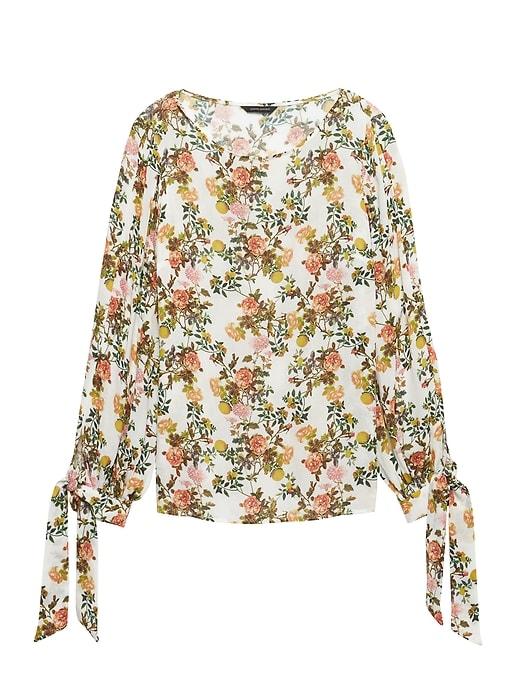 Banana Republic Womens Floral Tie-cuff Top White Print Size L