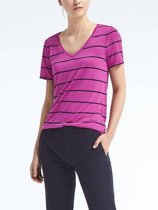 Banana Republic Womens Short Sleeve Stripe Modal Vee Tee - Magenta Sky
