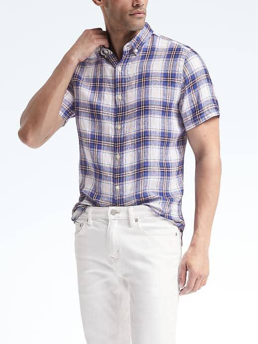 Banana Republic Mens Camden Fit Blue Plaid Linen Short Sleeve Shirt - Montego Bay