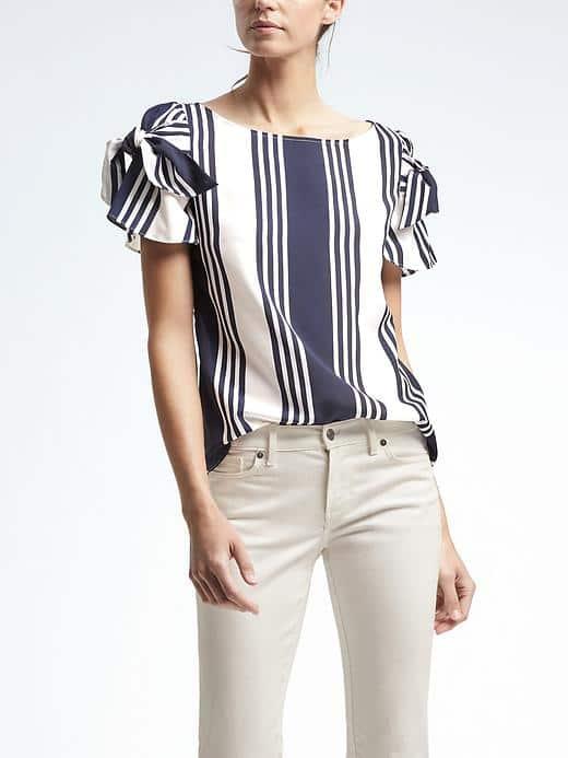 Banana Republic Easy Care Stripe Bow Sleeve Top - Navy