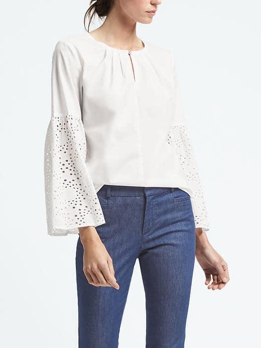 Banana Republic Easy Care Eyelet Flare Sleeve Popover Shirt - White