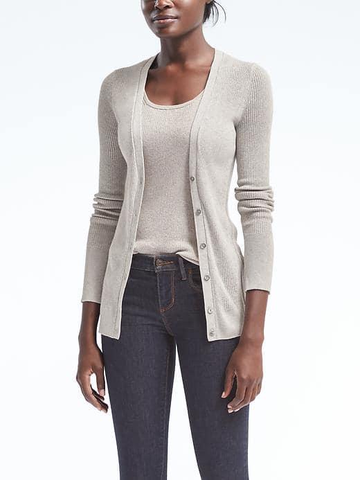 Banana Republic Womens Silk Cashmere Ribbed Boyfriend Cardigan - Heather Gray