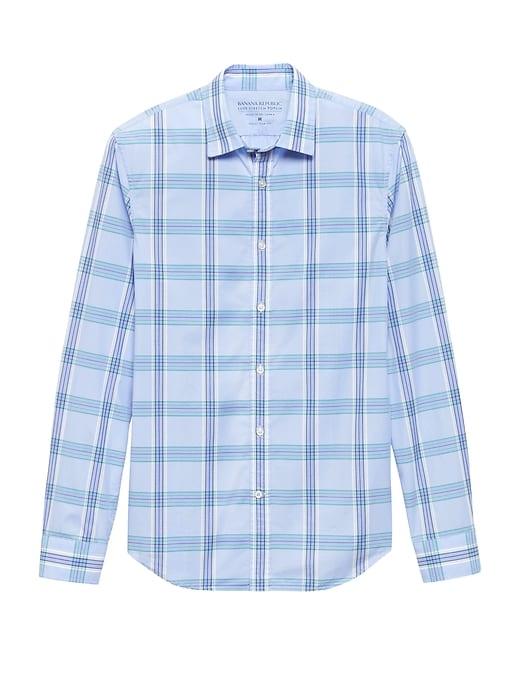 Banana Republic Mens Grant Slim-fit Luxe Poplin Plaid Shirt Comet Blue Size S