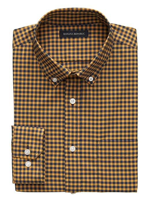 Banana Republic Mens New Slim-fit Tech-stretch Cotton Gingham Shirt Honey Gold Size L