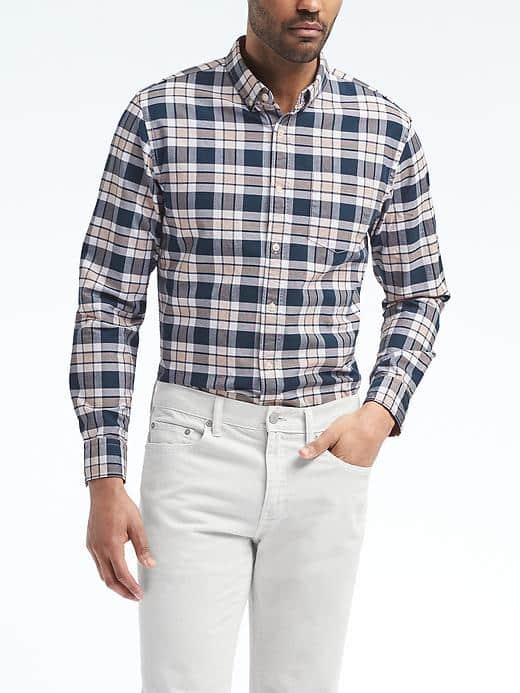 Banana Republic Mens Camden Fit Cotton Stretch Plaid Oxford Shirt - Khaki Sand