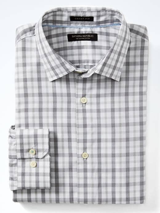 Banana Republic Mens Grant Fit Supima Tri Gingham Shirt - Silver Star