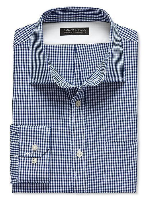 Banana Republic Tailored Slim Fit Non Iron Blue Micro Gingham Shirt - Aerospace Blue