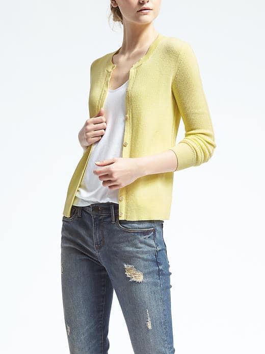 Banana Republic Womens Merino Ribbed Pointelle Cardigan - Yellow