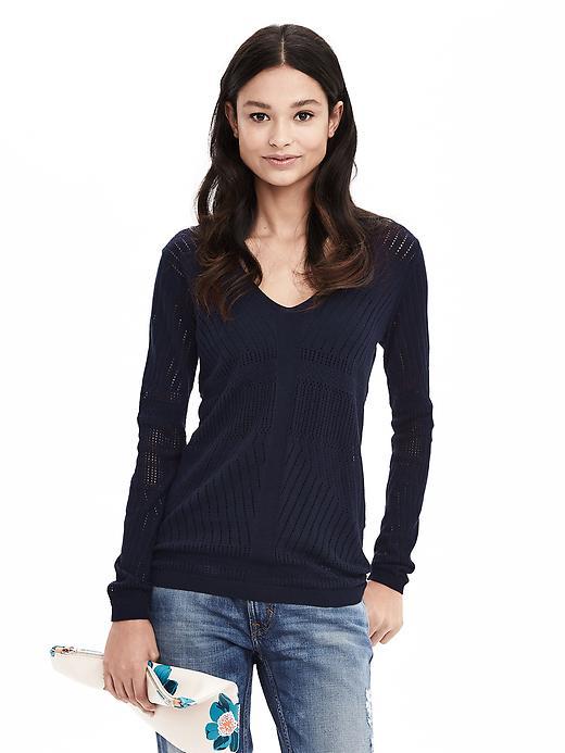 Banana Republic Womens Pointelle Pima Cotton Cashmere Vee Pullover Size L - Navy