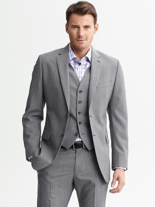 Banana Republic Mens Tailored-fit Grey Plaid Wool Suit Jacket Gray Heather Size 42