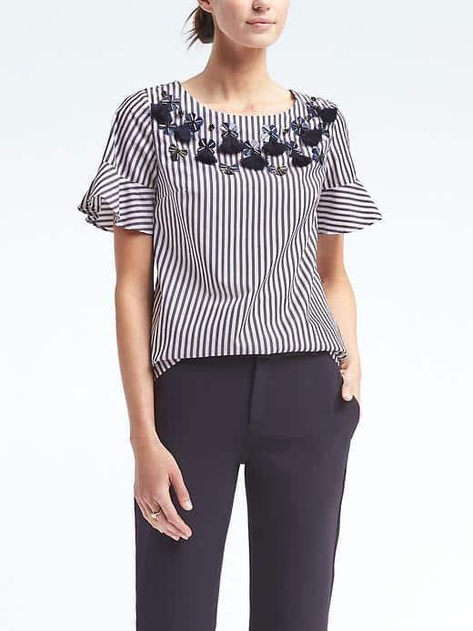 Banana Republic Womens Embellished Flutter Sleeve Top - White