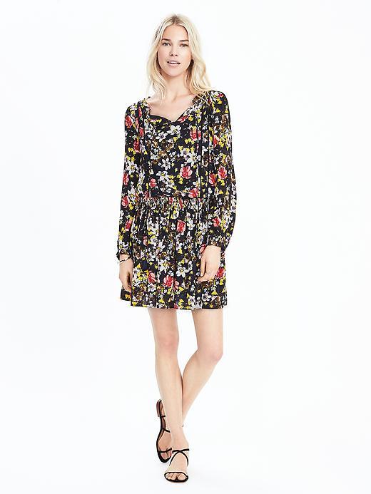 Banana Republic Womens Floral Long Sleeve Dress Size L Petite - Preppy Navy