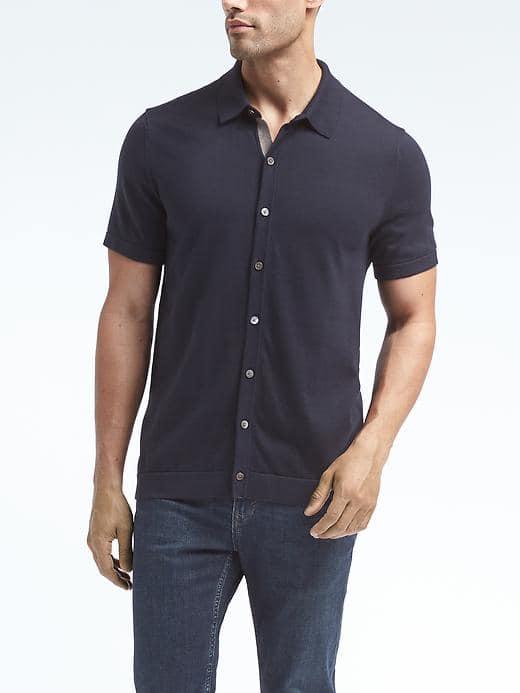 Banana Republic Mens Supima Cotton Button Front Polo - Navy