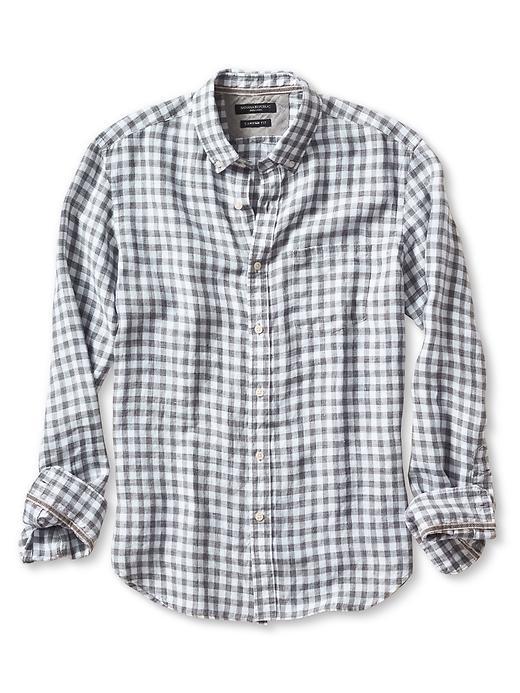 Banana Republic Mens Camden Fit Gingham Linen Shirt Size L Tall - Gray Heather