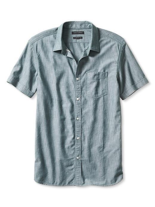 Banana Republic Mens Camden Fit Chambray Short Sleeve Shirt Size L Tall - Green