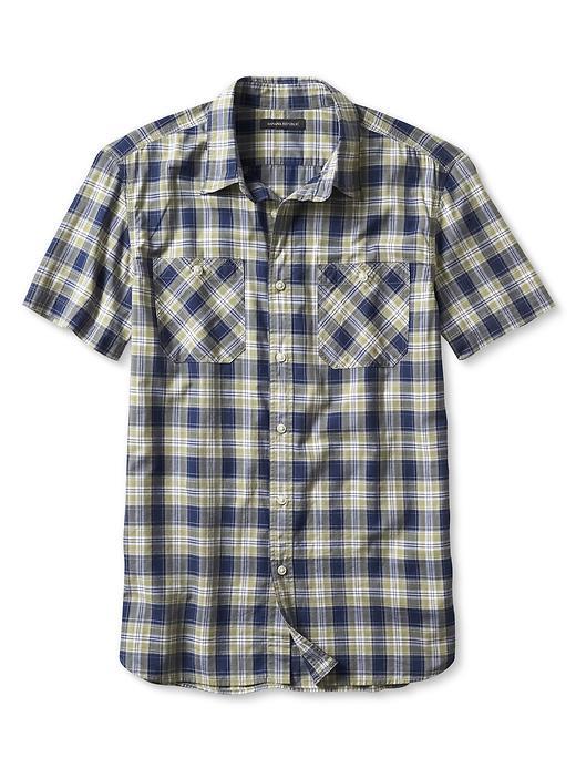 Banana Republic Mens Camden Fit Green Check Short Sleeve Shirt Size L Tall - Snap Pea