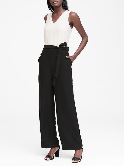 Banana Republic Womens V-neck Tie-waist Jumpsuit Black & White Size 0