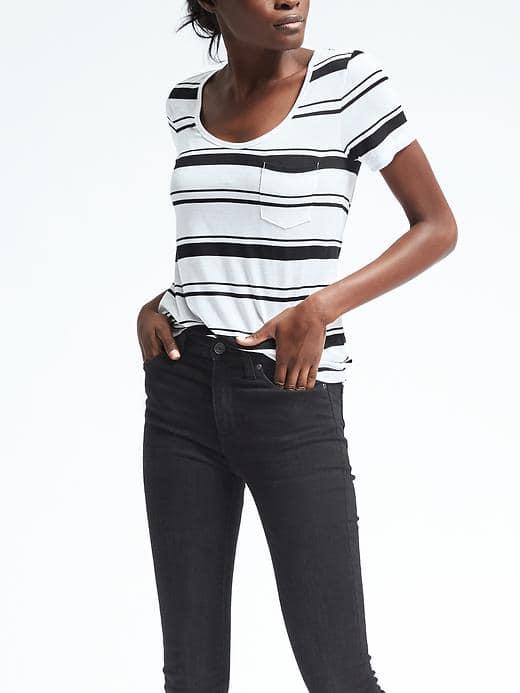 Banana Republic Womens Modal Scoop Neck Variegated Stripe Pocket Tee - White