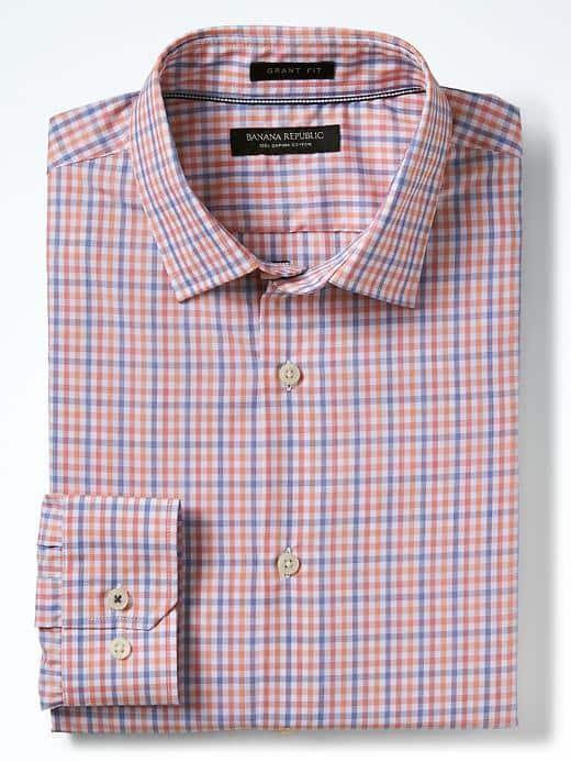 Banana Republic Mens Grant Fit Supima Tri Color Gingham Shirt - Orange