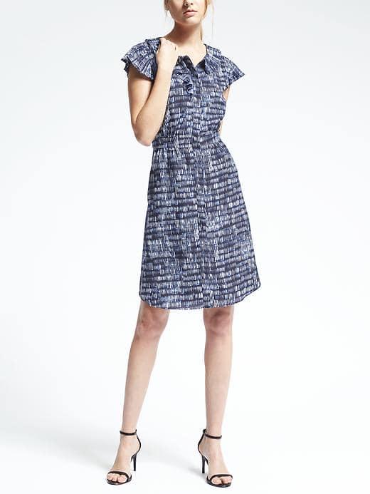 Banana Republic Womens Print Pleat Trim Fit And Flare Dress - Navy Combo