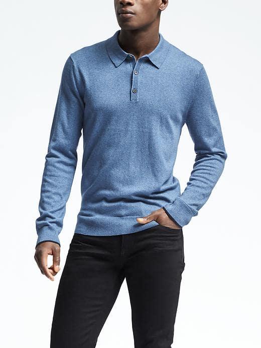 Banana Republic Mens Silk Cotton Cashmere Sweater Polo - Slalom Blue