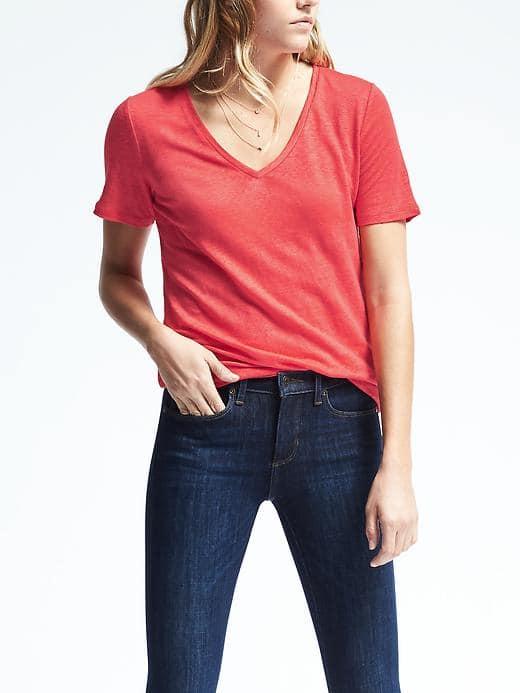Banana Republic Womens Short Sleeve Linen Vee Tee - Bright Coral