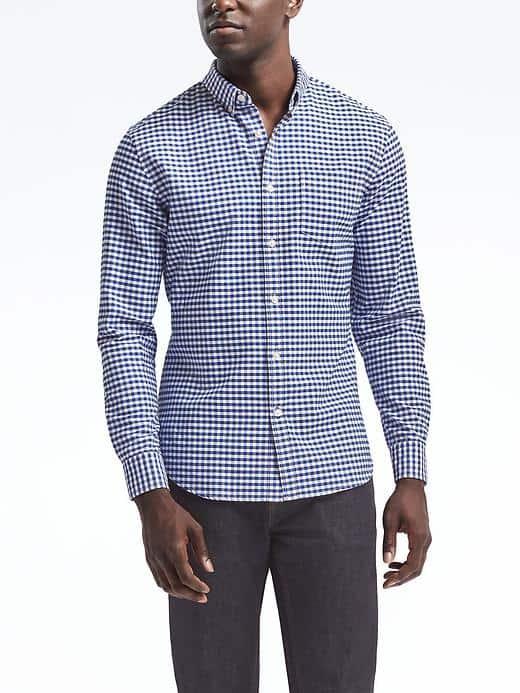 Banana Republic Mens Grant Fit Cotton Stretch Gingham Oxford Shirt - Anchor Royal