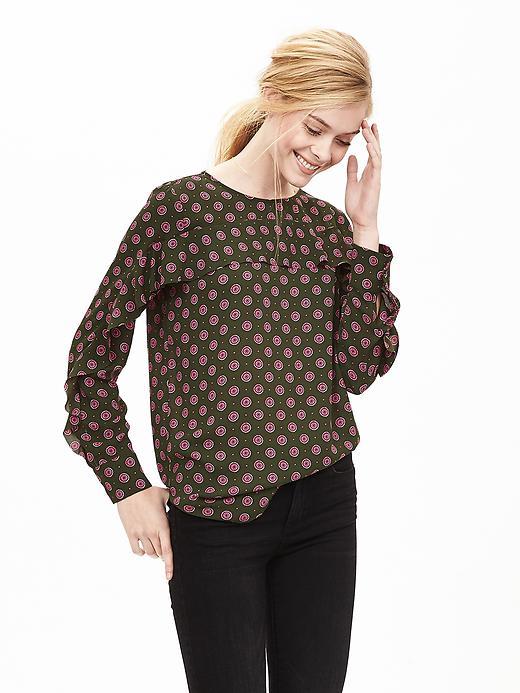 Banana Republic Printed Ruffle Front Blouse Size L Petite - Pink Strawberry