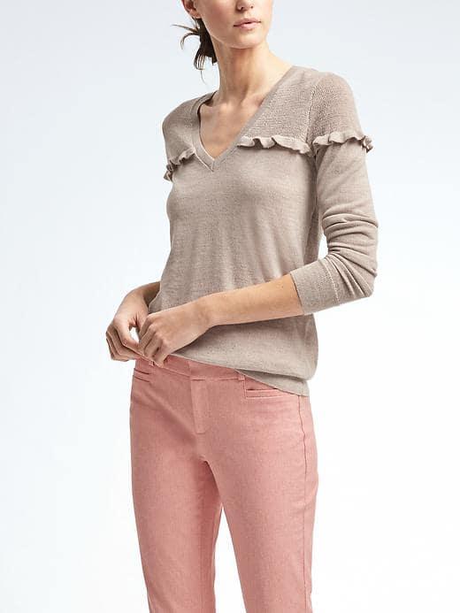 Banana Republic Merino Ruffle Vee Sweater - Oatmeal Heather