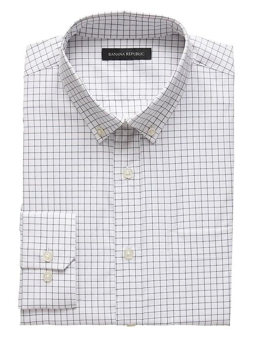 Banana Republic Mens New Slim-fit Tech-stretch Cotton Grid Shirt Navy Star Size M