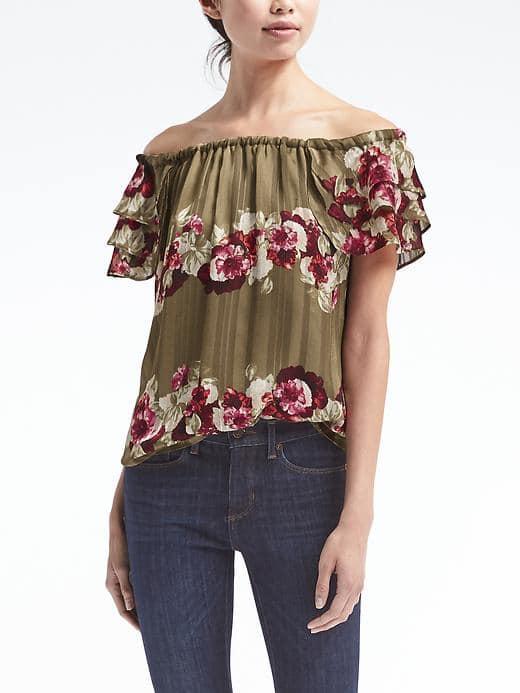 Banana Republic Floral Off The Shoulder Ruffle Top - Green