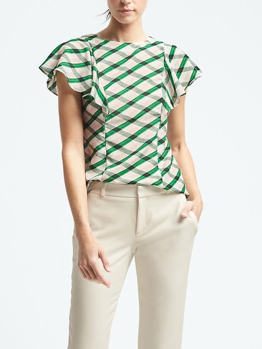 Banana Republic Flutter Sleeve Plaid Vee Back Top - Green