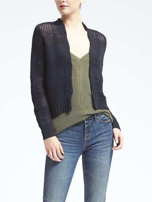 Banana Republic Womens Stripe Italian Linen Crop Open Cardigan - Navy