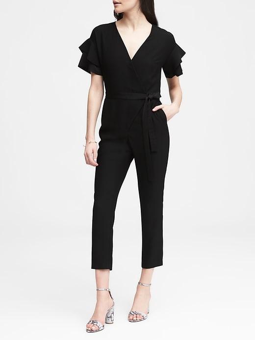 Banana Republic Womens Petite Flutter-sleeve Jumpsuit Black Size 0