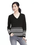 Banana Republic Womens Italian Cashmere Blend Striped Vee Neck Sweater - Black
