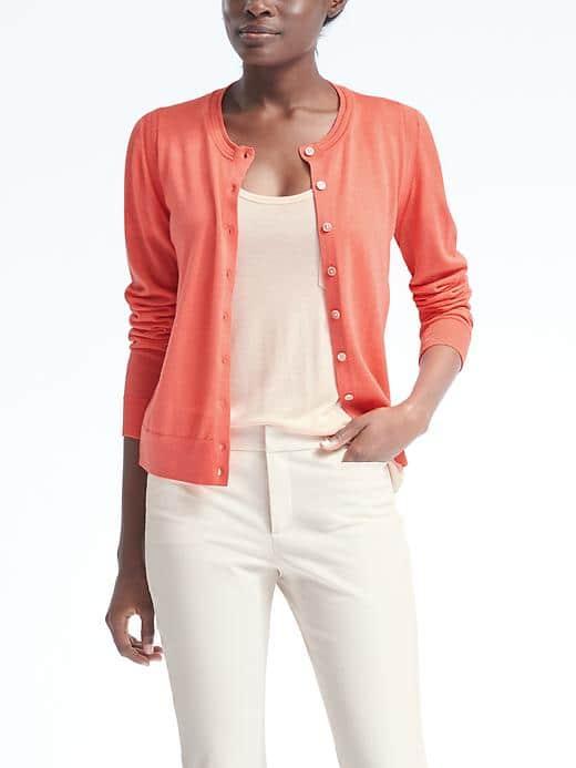 Banana Republic Womens Merino Pointelle Cardigan - Bright Coral