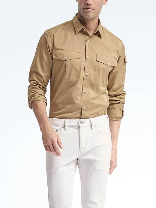 Banana Republic Mens Camden Fit Stretch Military Shirt - Tan