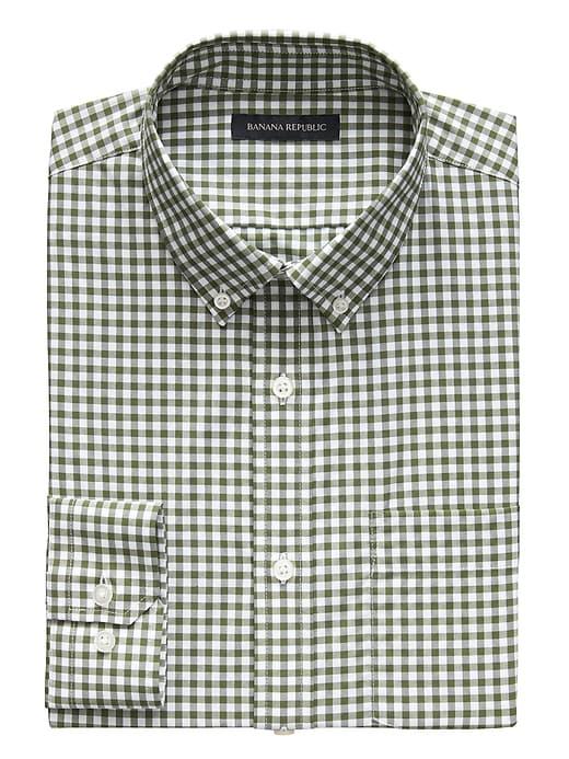 Banana Republic Mens New Slim-fit Tech-stretch Cotton Gingham Shirt Green Grove Size S