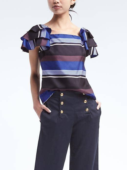 Banana Republic Womens Stripe Ruffle Sleeve Silk Top - Blue Stripe