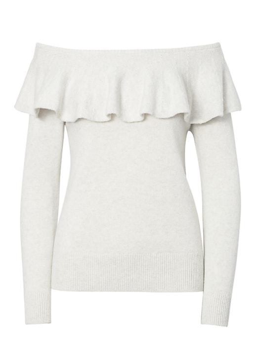 Banana Republic Womens Feather Touch Ruffle Off-the-shoulder Sweater Heather Gray Size Xl