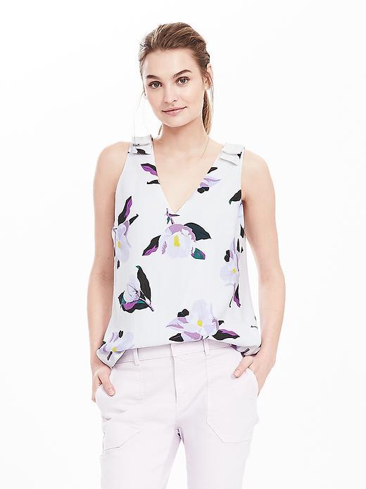Banana Republic Sleeveless Floral Double Vee Top Size L Petite - White Print