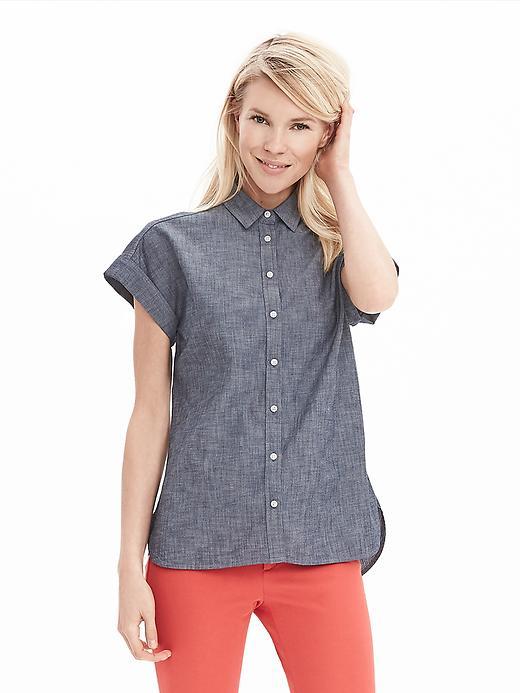 Banana Republic Womens Cuffed Chambray Shirt Size L - Chambray Blue